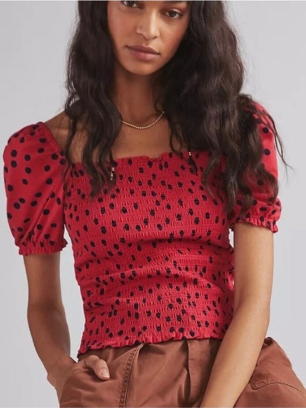 NWT! Dolan Anthropologie Red Smocked Puff-Sleeve Crop Top with Black Dot Print